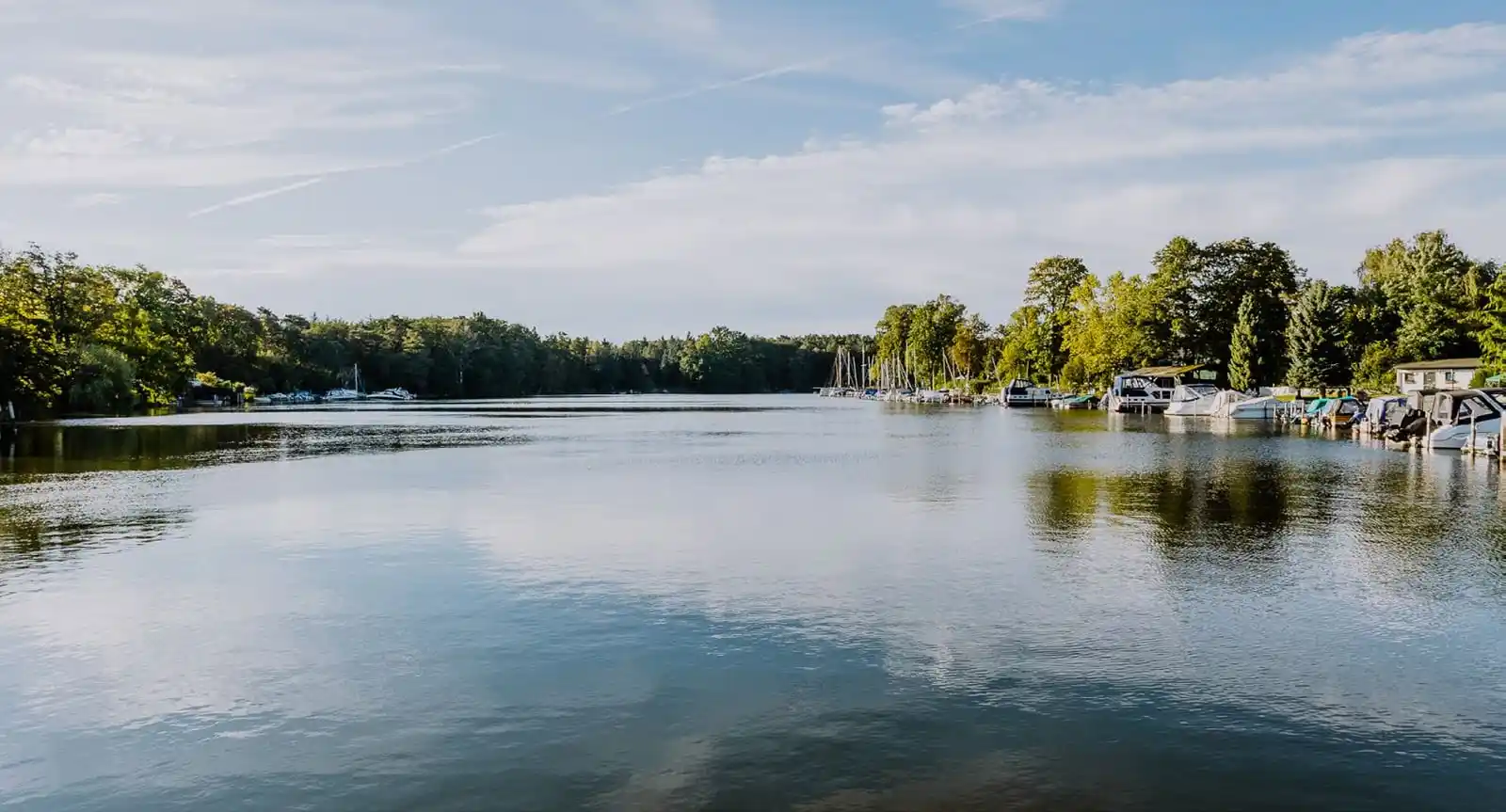 See mit Bootsstegen und Wald am Ufer in Berlin-Müggelheim