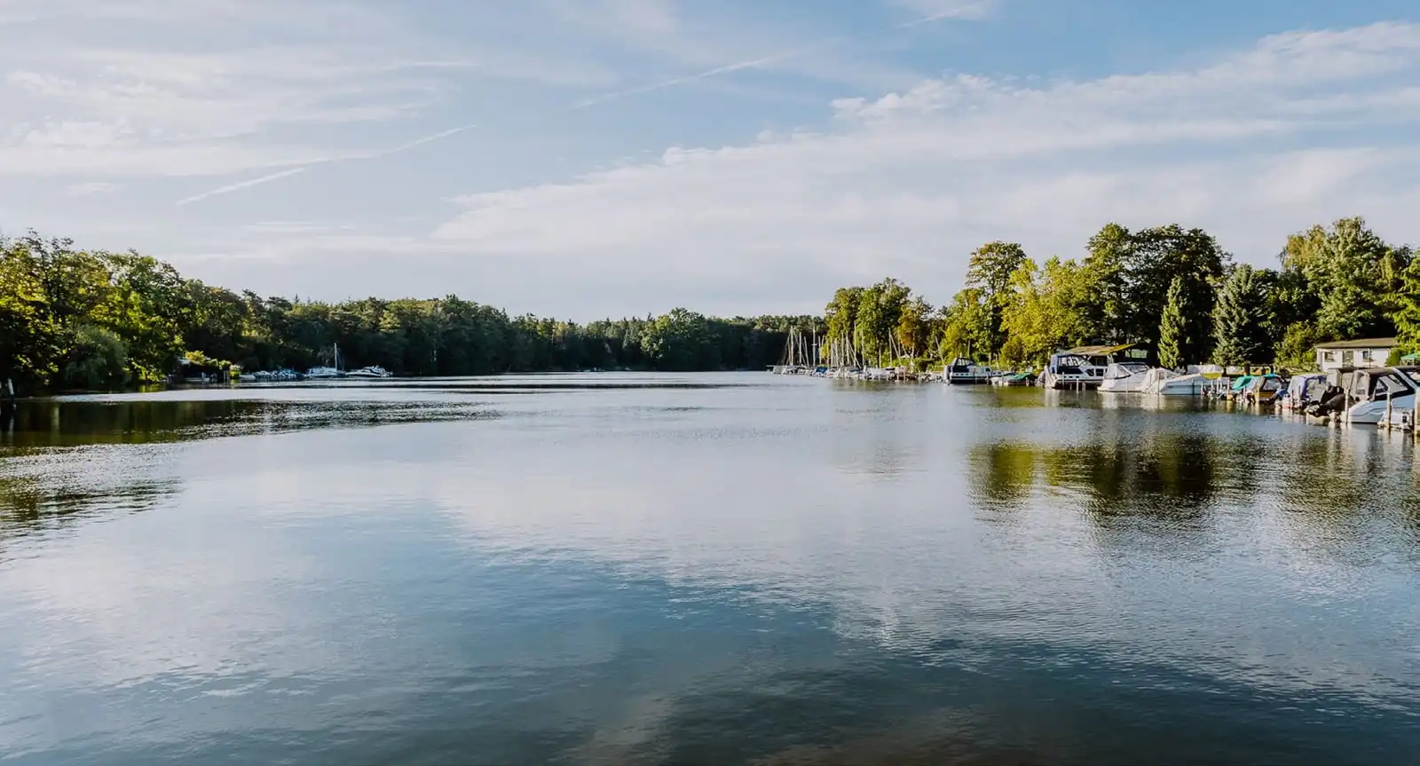 See mit Bootsstegen und Wald am Ufer in Berlin-Müggelheim