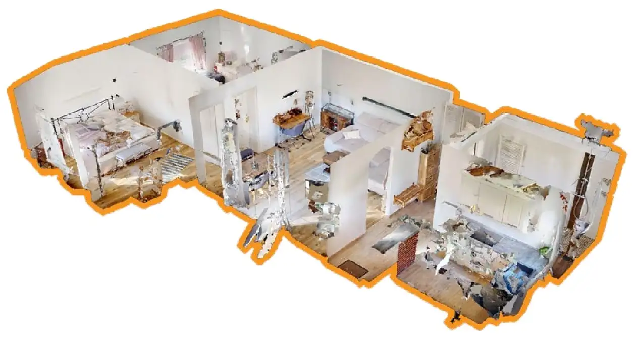 3D-Modell des Bungalows in Rüdersdorf bei Berlin von schräg oben, alle Räume aufgeschnitten, orange umrandet