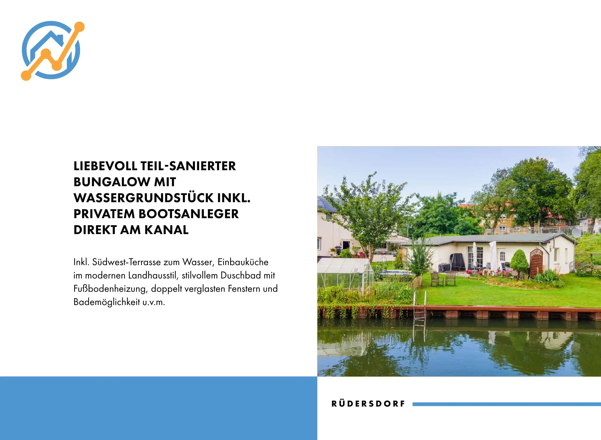 Titelseite des Exposés für den Bungalow in Rüdersdorf bei Berlin mit Foto am Kanal und Überschrift