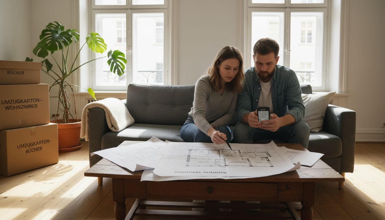 Ein Paar sitzt gemeinsam im Wohnzimmer und schaut sich Grundrisse für ihre neue Wohnung an.