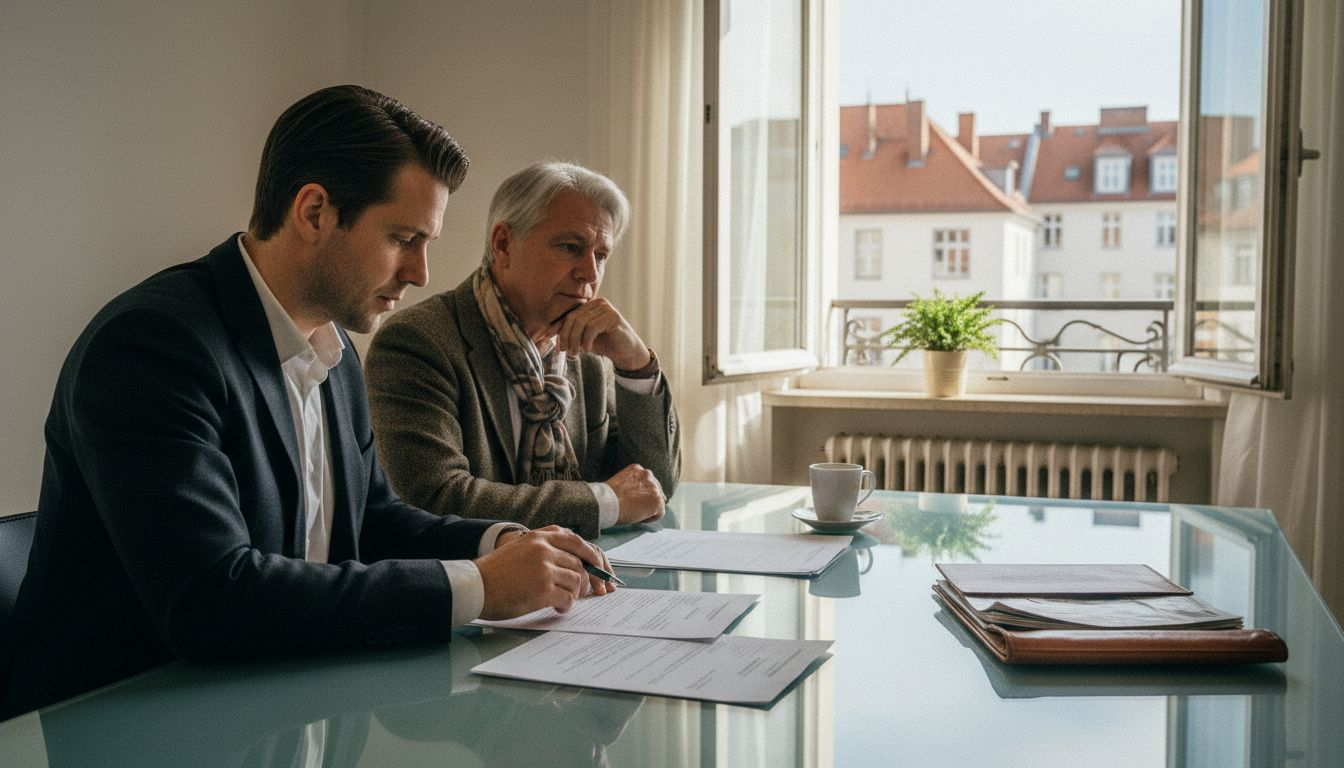 Ein Immobilienmakler steht einem Wohnungseigentümer beim Verkauf seiner Altbauwohnung in Berlin mit fachkundigem Rat zur Seite.