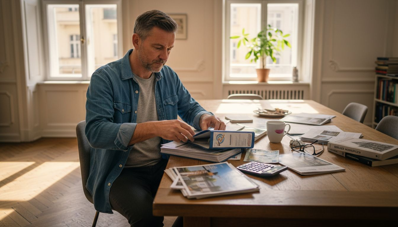Hausverkäufer bringt Unterlagen für den Immobilienverkauf in Ordnung