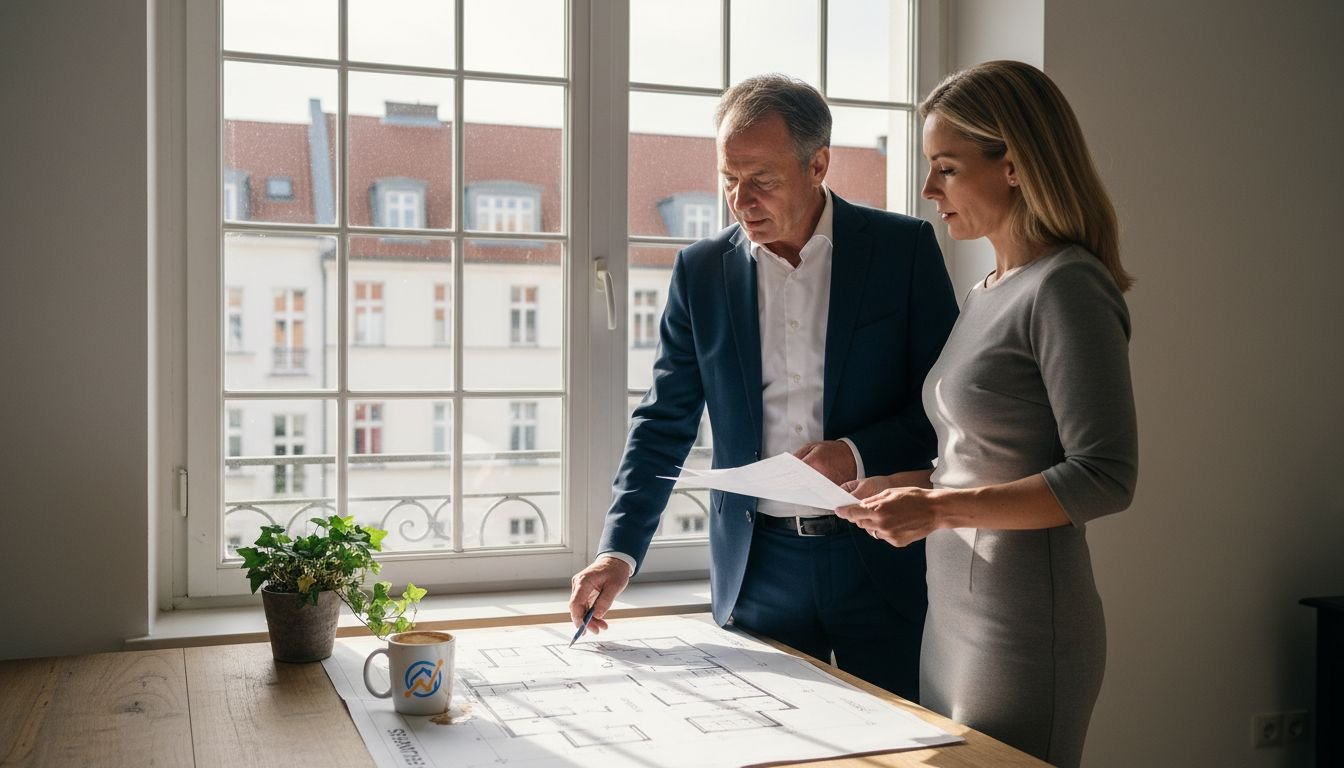 Ein Immobilienmakler erläutert seinem Kunden am Fenster die Details zum Hausverkauf.