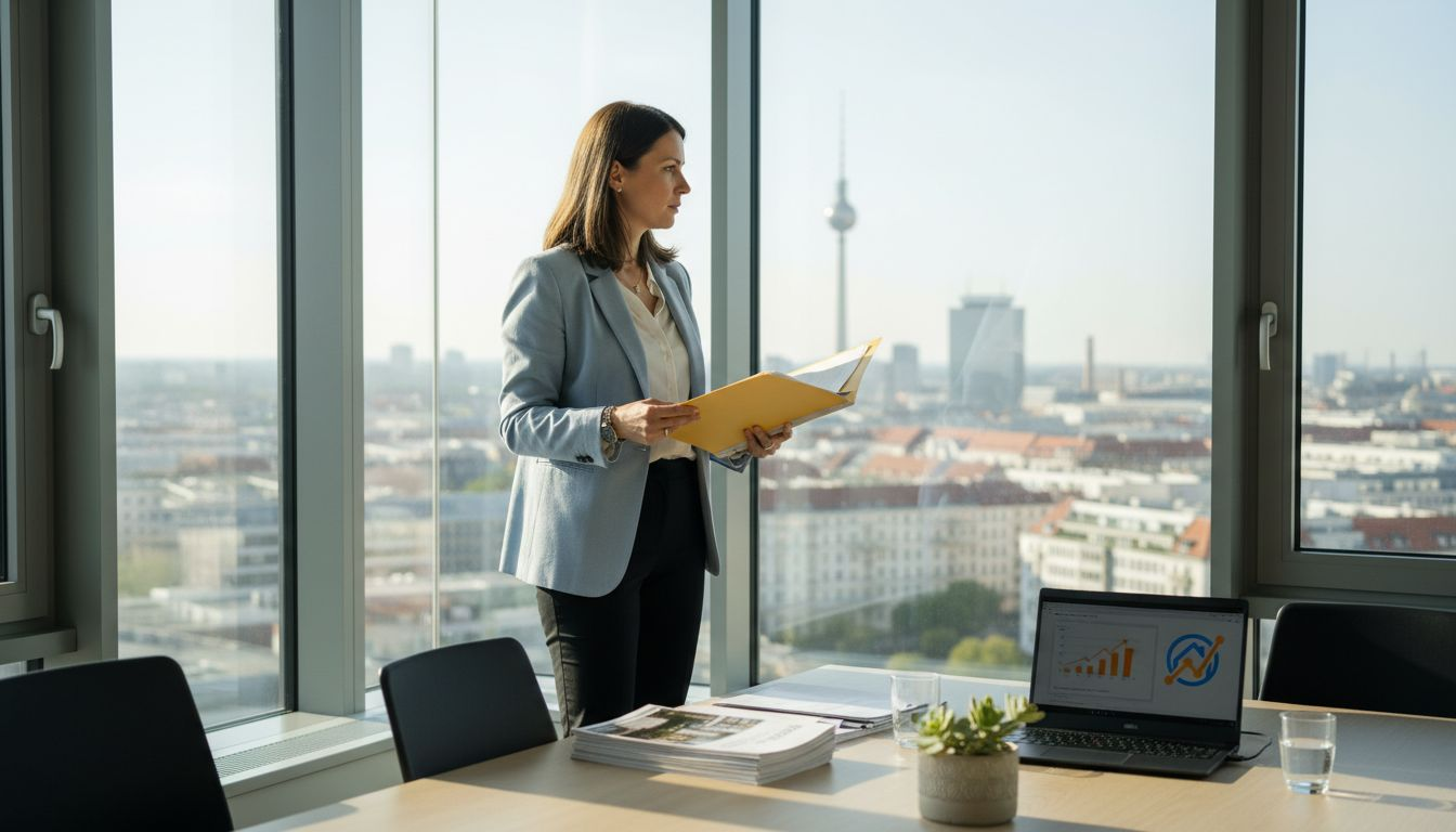 Ein Agent blickt aus seinem Bürofenster über die Skyline von Berlin.
