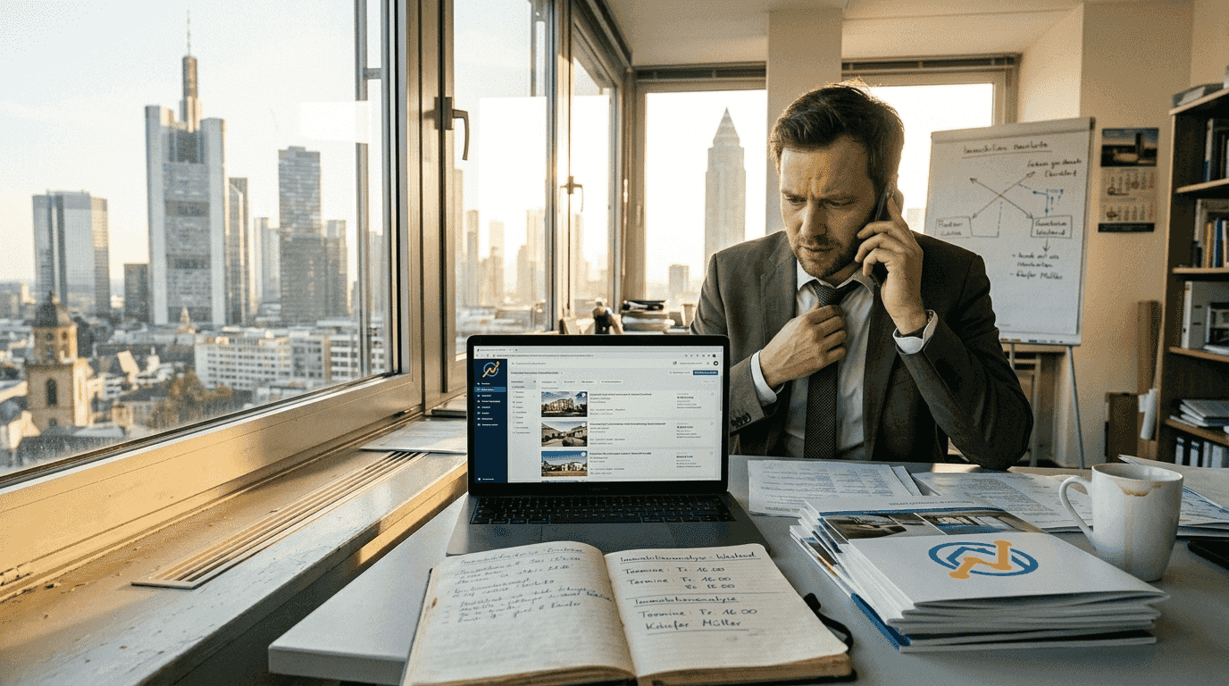 Ein Immobilienmakler, der im modernen Büroalltag geschickt mehrere Aufgaben gleichzeitig jongliert.