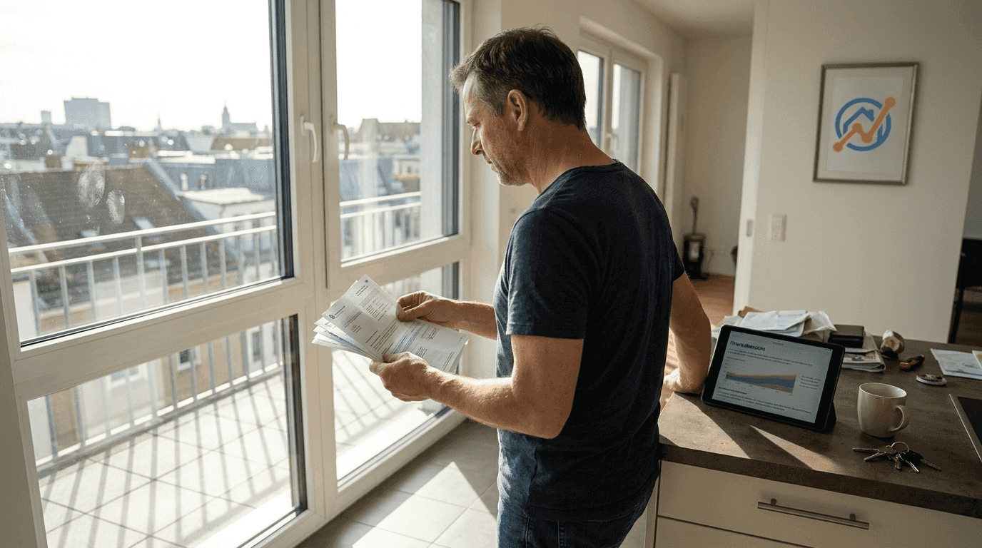 In seiner hellen Wohnung prüft der Eigentümer aufmerksam die Unterlagen zum Immobilienverkauf.