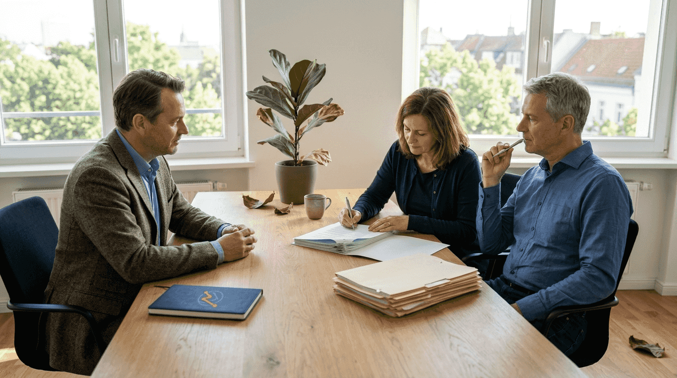 Makler und Käufer besiegeln den Kaufvertrag gemeinsam im Maklerbüro.