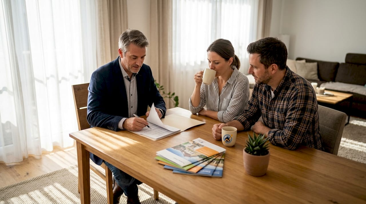 Ein Immobilienmakler berät seine Kunden beim Verkauf ihres Hauses in gemütlicher Wohnzimmeratmosphäre.