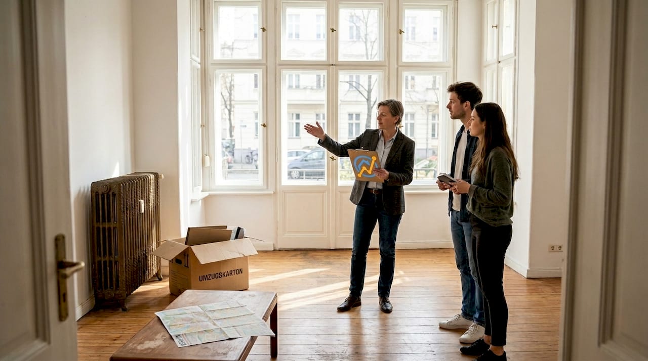 Ein Immobilienmakler führt Interessenten durch eine Wohnung und präsentiert ihnen die Räumlichkeiten.
