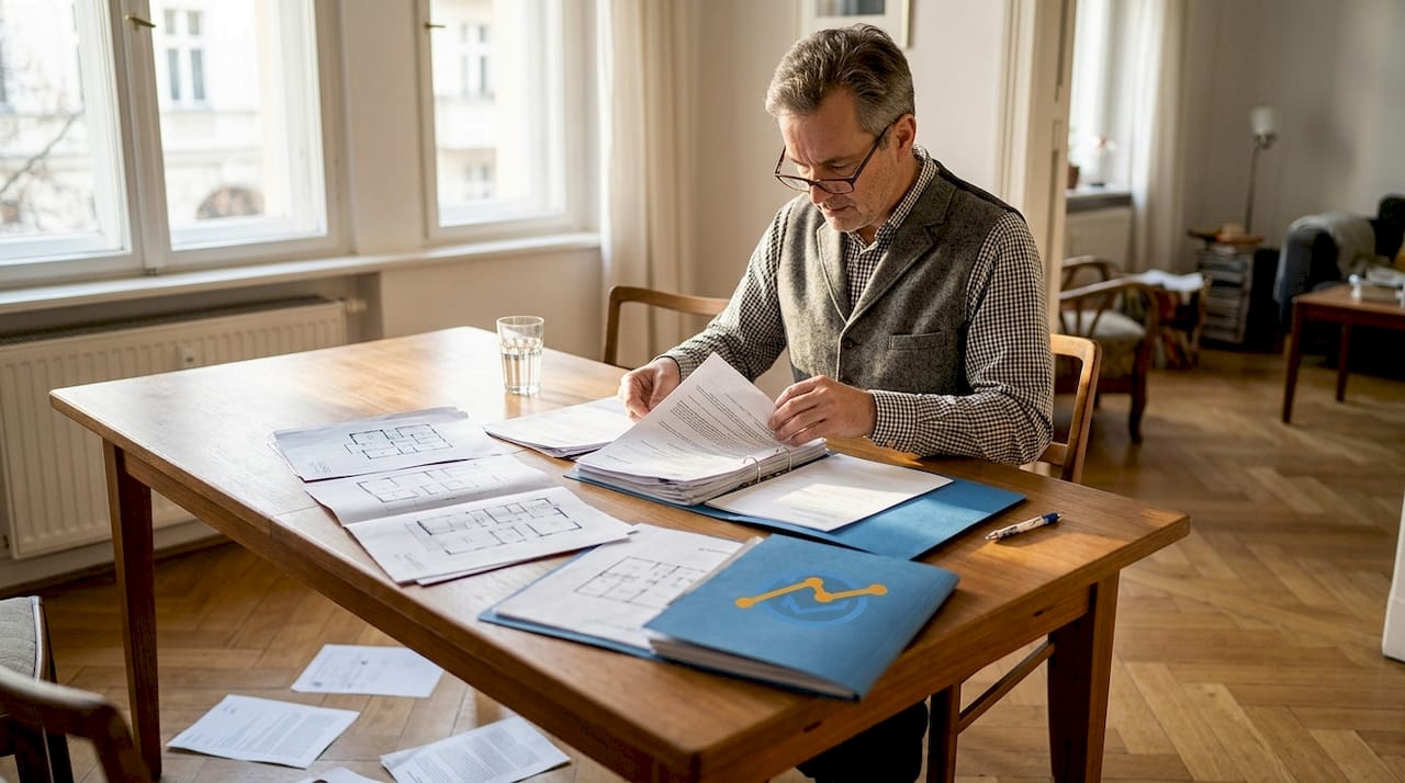 Der Wohnungsbesitzer bringt Ordnung in seine Papiere in seiner Berliner Wohnung.