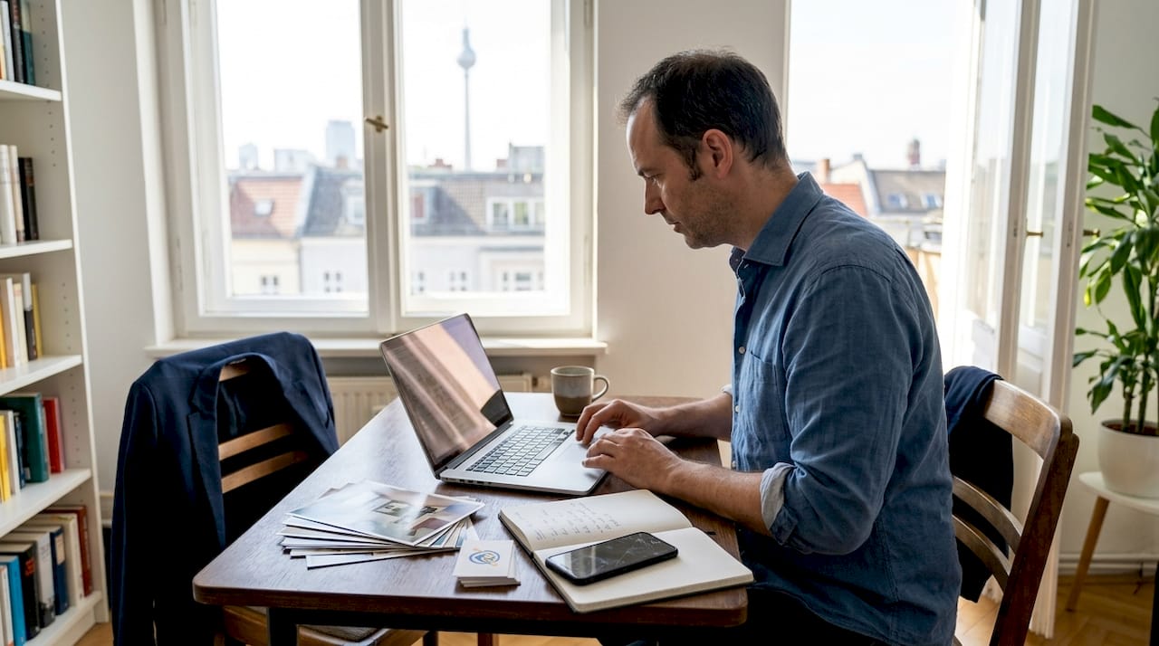 Ein Immobilienmakler sitzt am Küchentisch und optimiert Fotos für seine Online-Exposés.