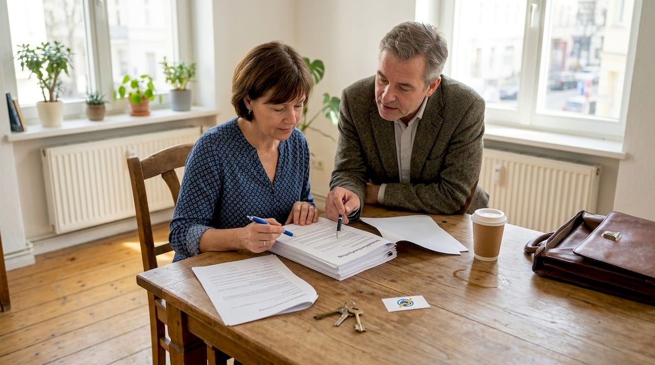 Der Notar und der Käufer besprechen gemeinsam den Kaufvertrag für die Immobilie.