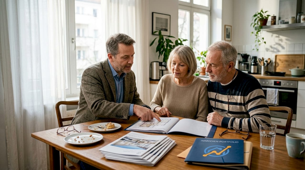 Ein Immobilienexperte berät ältere Menschen beim Verkauf ihrer Wohnung.