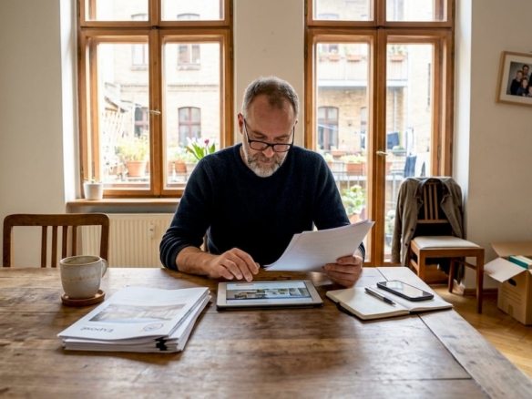 Vor dem Verkauf einer Immobilie nimmt ein Mann die relevanten Unterlagen genau unter die Lupe.