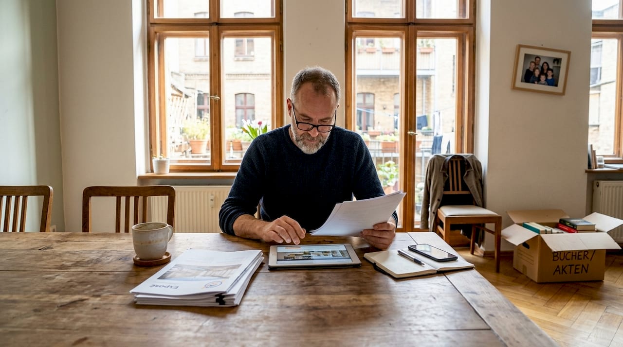 Vor dem Verkauf einer Immobilie nimmt ein Mann die relevanten Unterlagen genau unter die Lupe.
