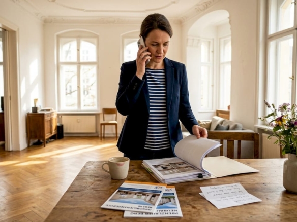 Eine Immobilienmaklerin nimmt das Exposé in einer typischen Berliner Altbauwohnung genau unter die Lupe.