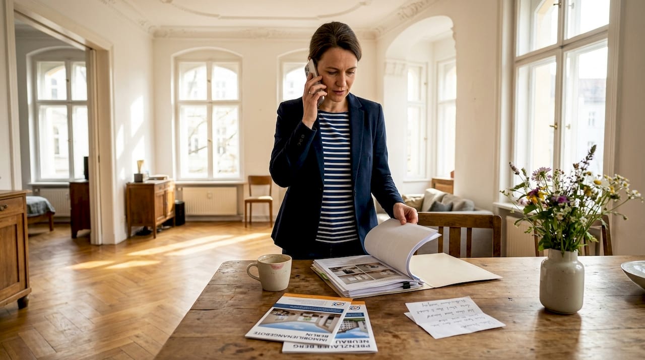 Eine Immobilienmaklerin nimmt das Exposé in einer typischen Berliner Altbauwohnung genau unter die Lupe.