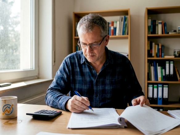 Ein Mann überprüft im heimischen Büro die Unterlagen zur Immobilienfinanzierung.