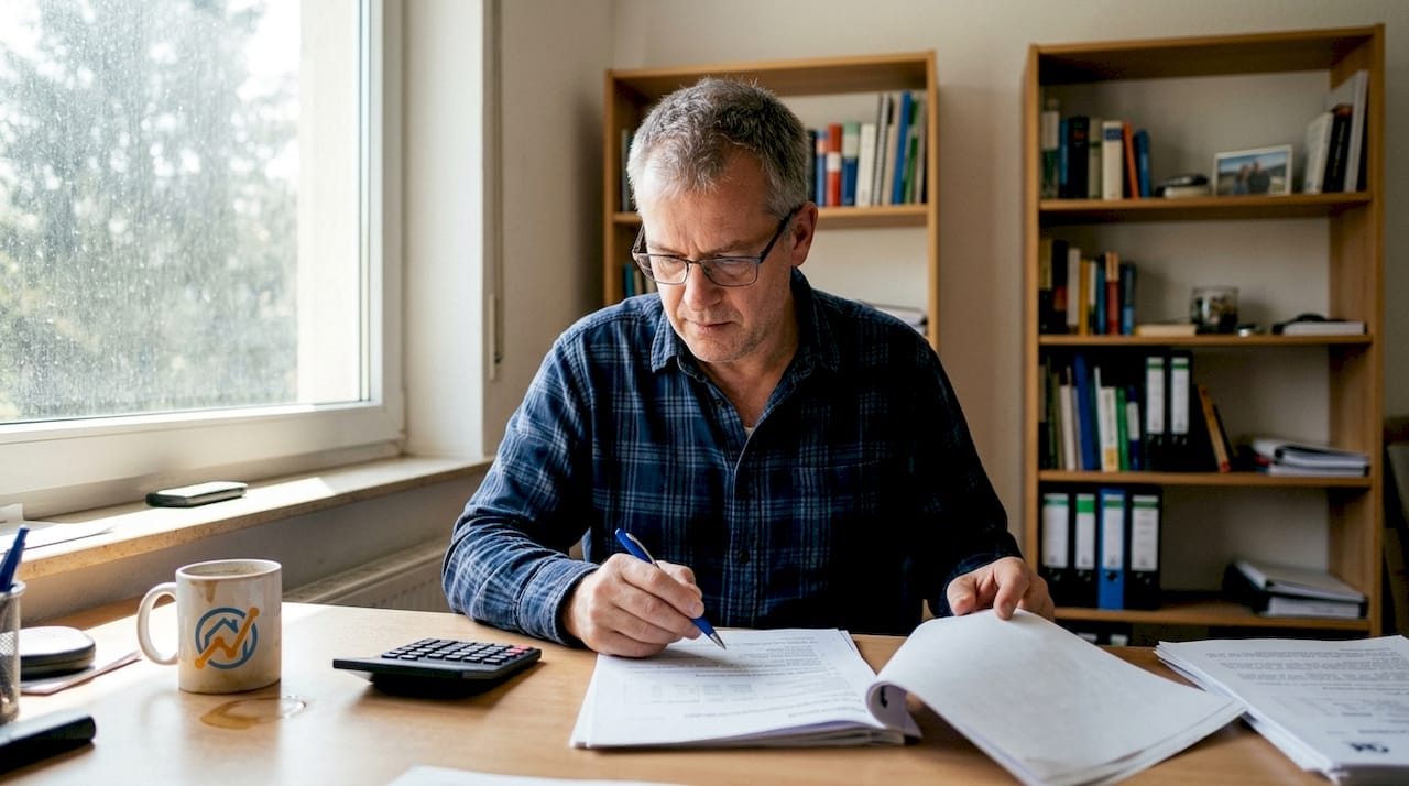 Ein Mann überprüft im heimischen Büro die Unterlagen zur Immobilienfinanzierung.
