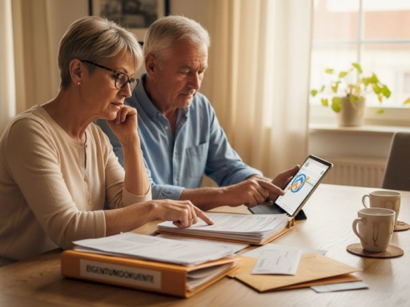 Ein älteres Ehepaar geht gemeinsam die Unterlagen für den Hauskauf durch.