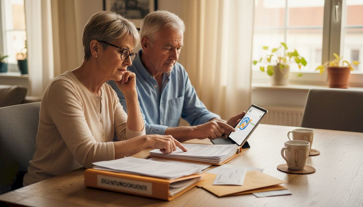 Ein älteres Ehepaar geht gemeinsam die Unterlagen für den Hauskauf durch.