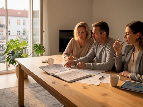 Ein Immobilienmakler und sein Kunde sitzen gemeinsam am Tisch und besprechen die Details des Hausverkaufs.