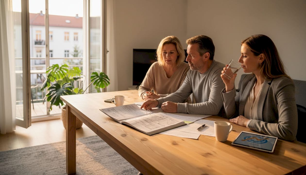 Ein Immobilienmakler und sein Kunde sitzen gemeinsam am Tisch und besprechen die Details des Hausverkaufs.