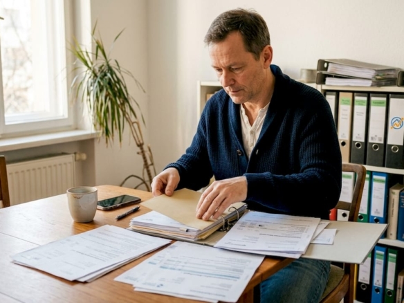 Ein Wohnungseigentümer nimmt die Unterlagen seiner Immobilie in Berlin genau unter die Lupe.