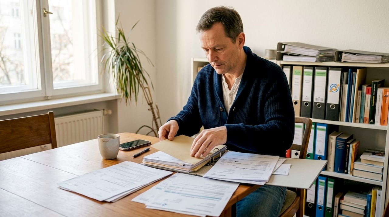 Ein Wohnungseigentümer nimmt die Unterlagen seiner Immobilie in Berlin genau unter die Lupe.