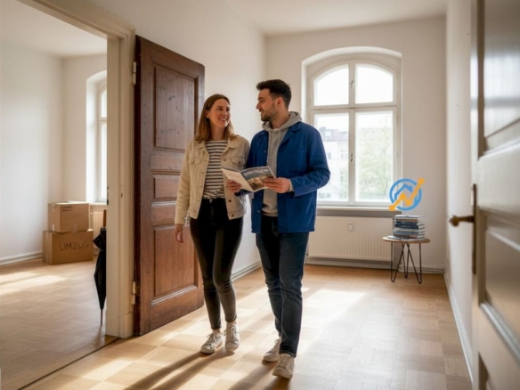 Ein Paar besichtigt eine lichtdurchflutete Wohnung in Brandenburg.