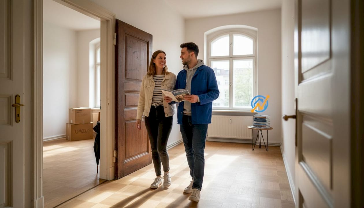 Ein Paar besichtigt eine lichtdurchflutete Wohnung in Brandenburg.