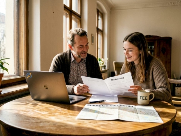 Vermieter und Mieter sitzen gemeinsam am Tisch und gehen die Details des Mietvertrags durch.