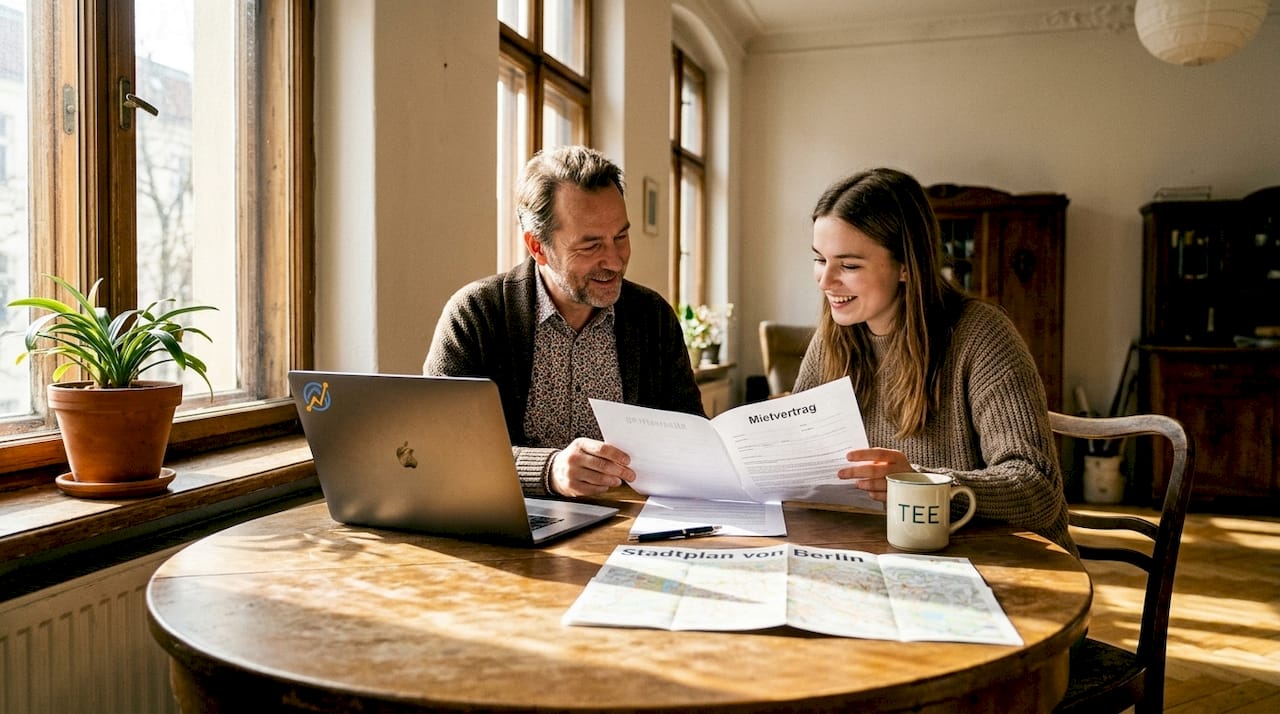 Vermieter und Mieter sitzen gemeinsam am Tisch und gehen die Details des Mietvertrags durch.