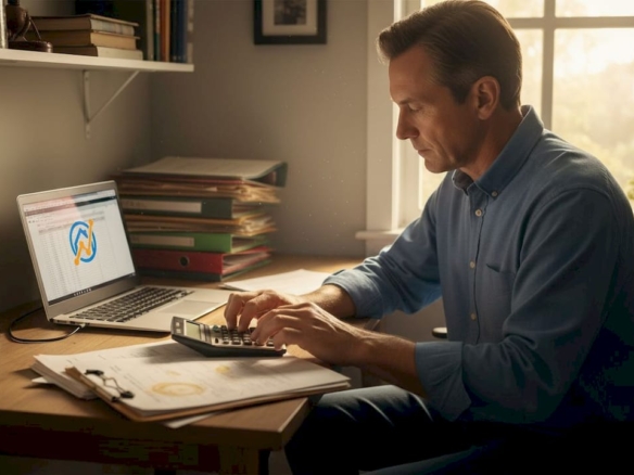 Im heimischen Arbeitszimmer nimmt sich der Eigentümer Zeit, die Unterlagen rund um seine Immobilie sorgfältig durchzugehen.