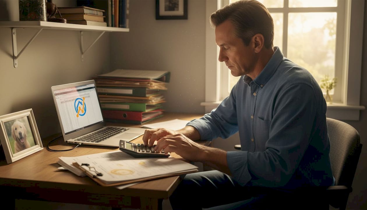 Im heimischen Arbeitszimmer nimmt sich der Eigentümer Zeit, die Unterlagen rund um seine Immobilie sorgfältig durchzugehen.