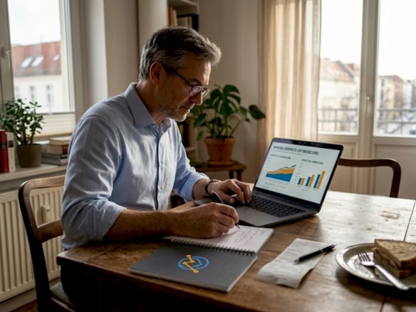 Ein privater Investor verschafft sich zu Hause einen Überblick über die aktuellen Grundbuchauszüge und wertet dabei verschiedene Eigentumsunterlagen aus.