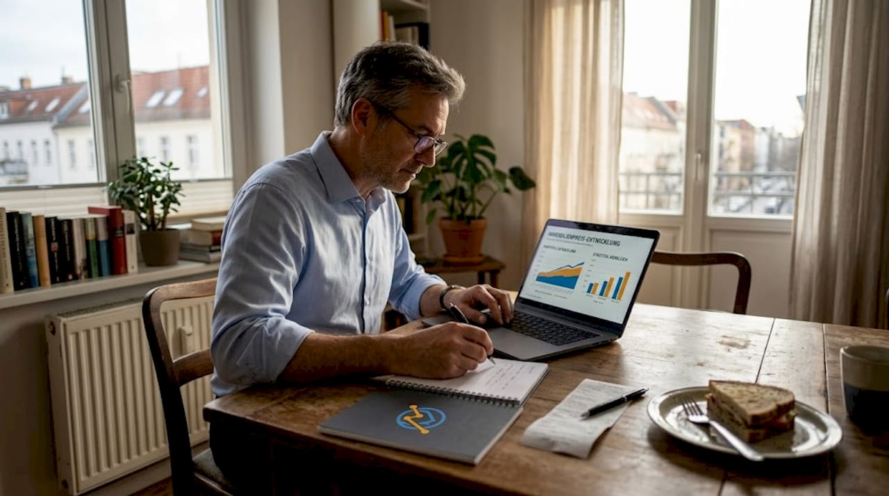 Ein privater Investor verschafft sich zu Hause einen Überblick über die aktuellen Grundbuchauszüge und wertet dabei verschiedene Eigentumsunterlagen aus.