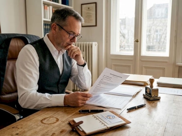 Ein Rechtsanwalt nimmt den Kaufvertrag für eine Immobilie am Schreibtisch genau unter die Lupe.