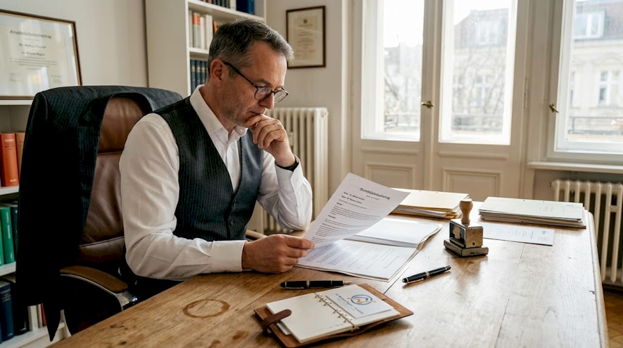 Ein Rechtsanwalt nimmt den Kaufvertrag für eine Immobilie am Schreibtisch genau unter die Lupe.
