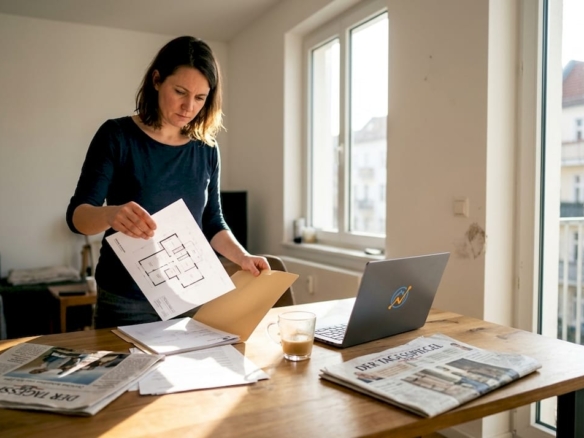 Eine Frau macht sich im Alltag mit dem Grundriss ihrer Wohnung vertraut.