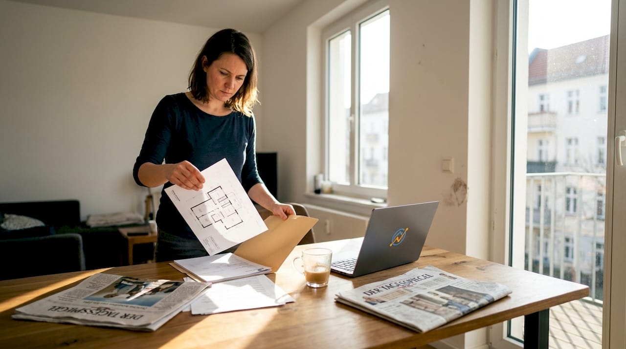 Eine Frau macht sich im Alltag mit dem Grundriss ihrer Wohnung vertraut.