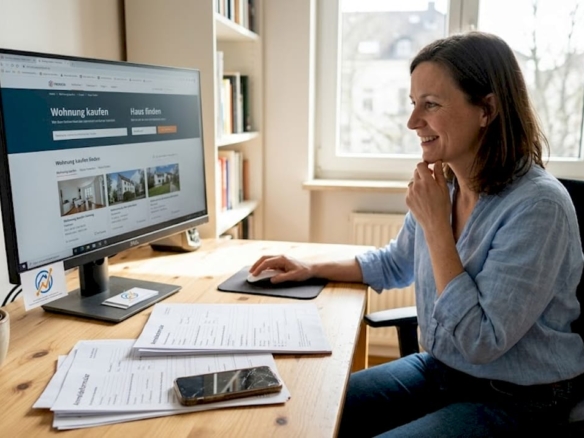 In ihrem hellen Homeoffice wirft eine Frau einen Blick auf verschiedene Angebote.