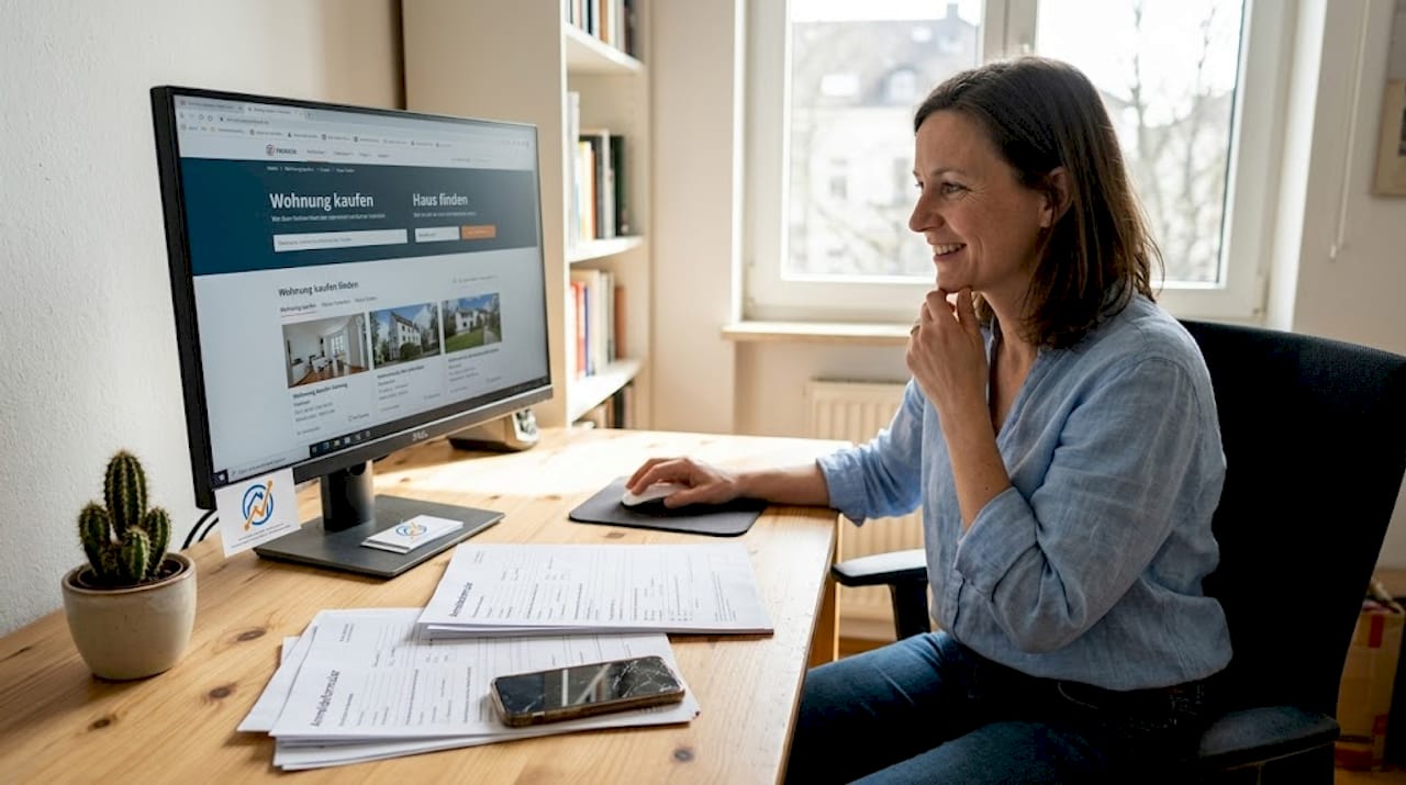 In ihrem hellen Homeoffice wirft eine Frau einen Blick auf verschiedene Angebote.