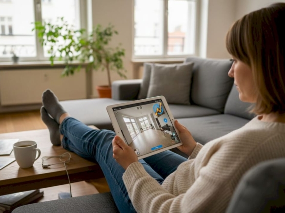 Eine Frau erkundet bequem von zuhause aus eine virtuelle 360-Grad-Immobilienbesichtigung.