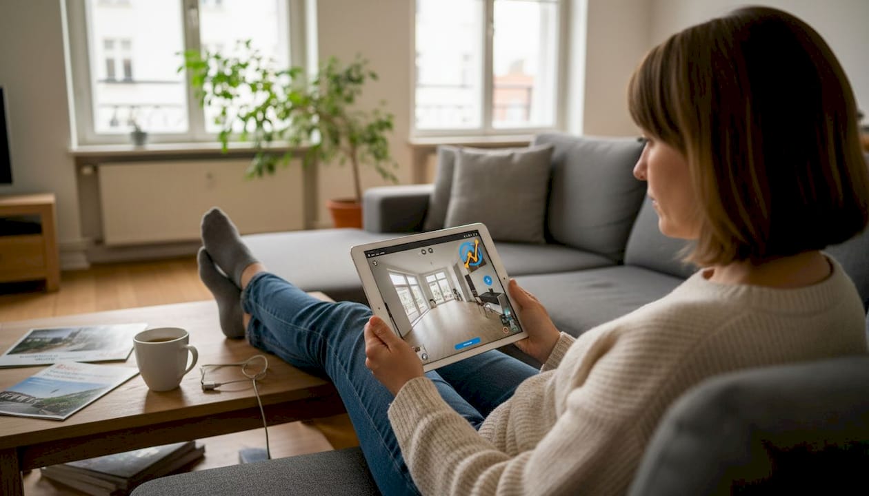 Eine Frau erkundet bequem von zuhause aus eine virtuelle 360-Grad-Immobilienbesichtigung.