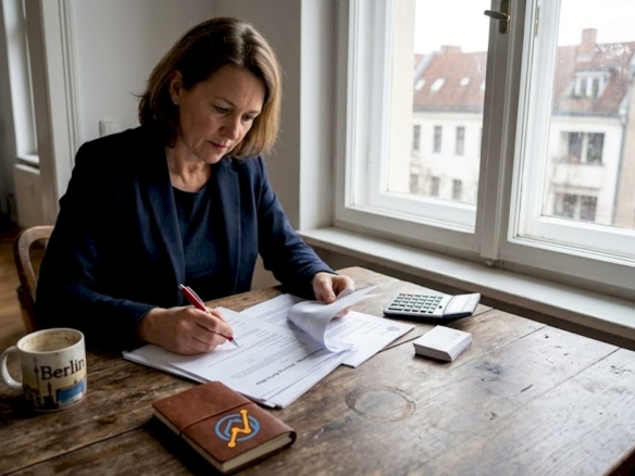 Eine Maklerin sichtet am Schreibtisch die Verkaufsunterlagen für eine Immobilie.