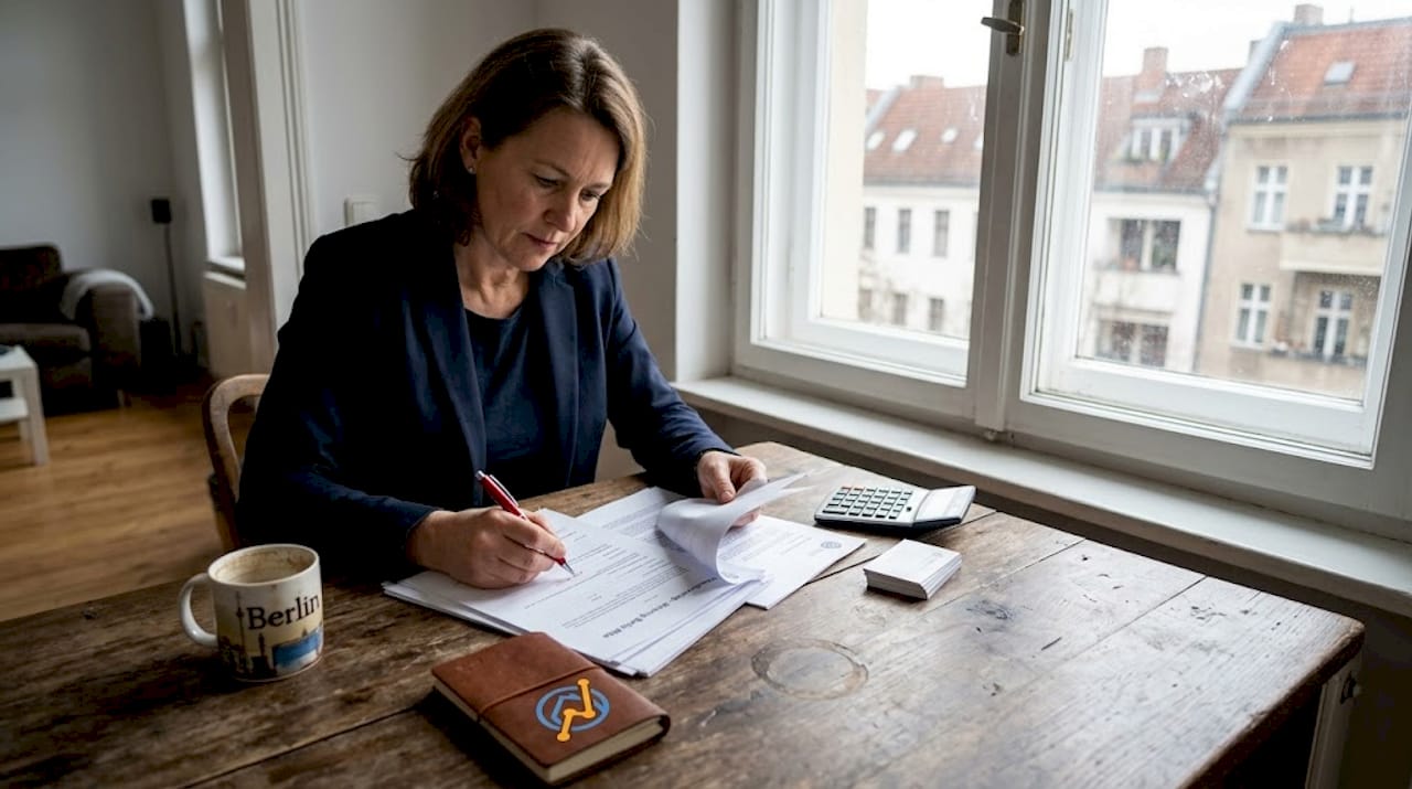 Eine Maklerin sichtet am Schreibtisch die Verkaufsunterlagen für eine Immobilie.