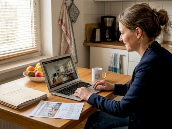 Eine Maklerin präsentiert Interessenten die Immobilie per virtueller Besichtigung am Laptop.