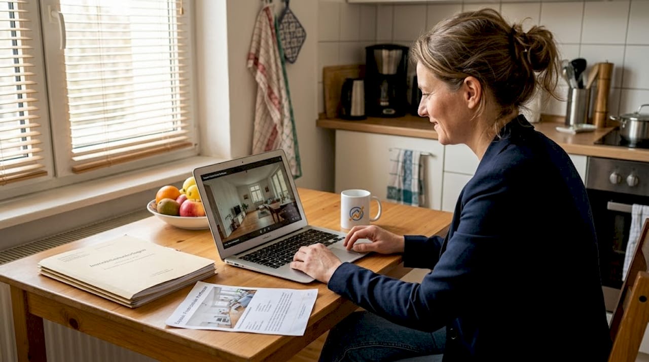 Eine Maklerin präsentiert Interessenten die Immobilie per virtueller Besichtigung am Laptop.